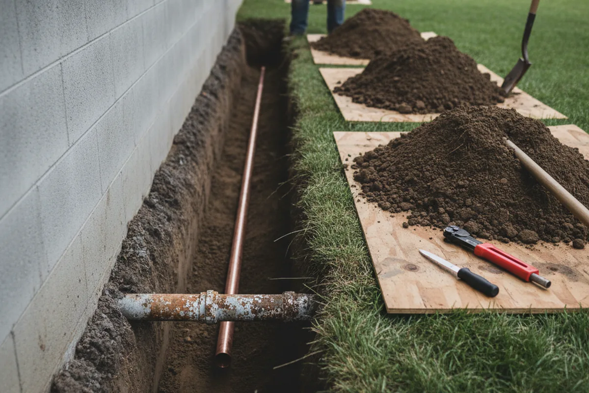 Excavated water line trench during Sewer Line Repair in Boxford